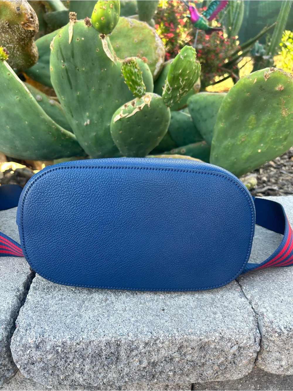 Miu Miu Cobalt Blue Pebbled Leather Crossbody Bucket Bag with Striped Web Strap - Picture 8 of 9